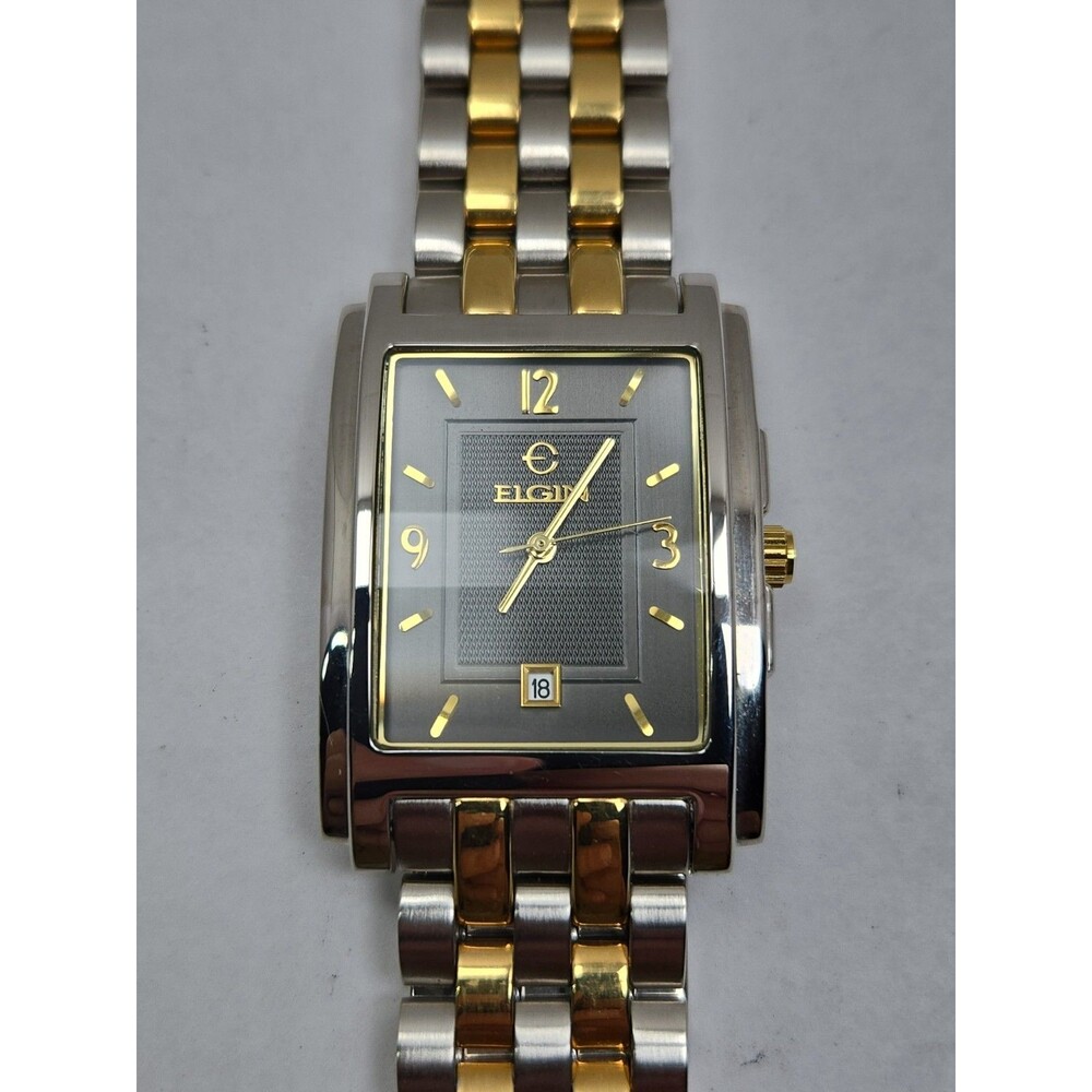 Vintage Elgin Mens Tank Watch Black Dial Two Tone Formal Date Quartz New Battery